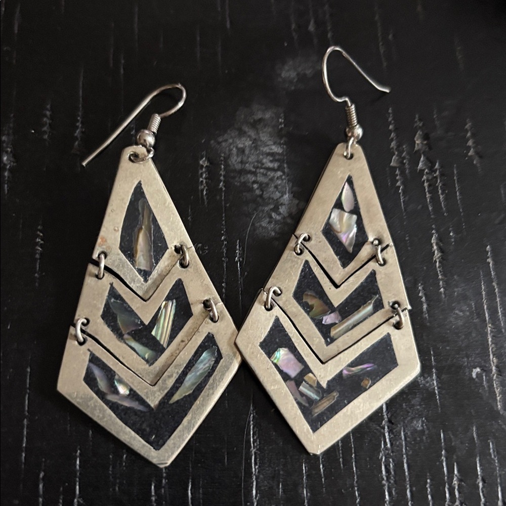 Abalone Alpaca Mexico Silver Tone Chevron Dangle Earrings